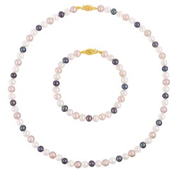 Σετ κολιέ & βραχιόλι με Κ14 χρυσό κούμπωμα και multicolor μαργαριτάρια - S124486
